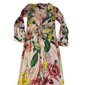 ZARA WOMAN Striped Floral Dress.  Pink Green.  Size Women's XS Buttons, Collared